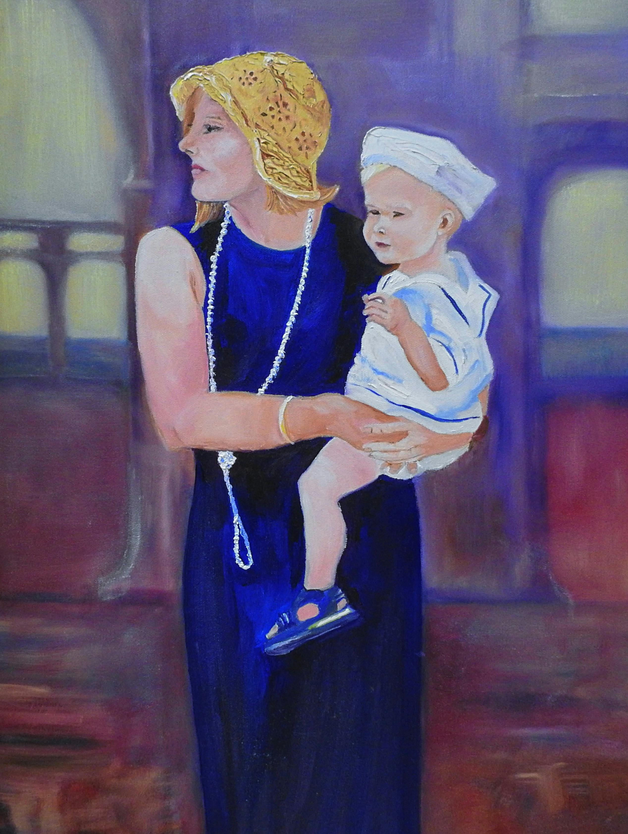 Art Deco Mother and Child Oil Painting