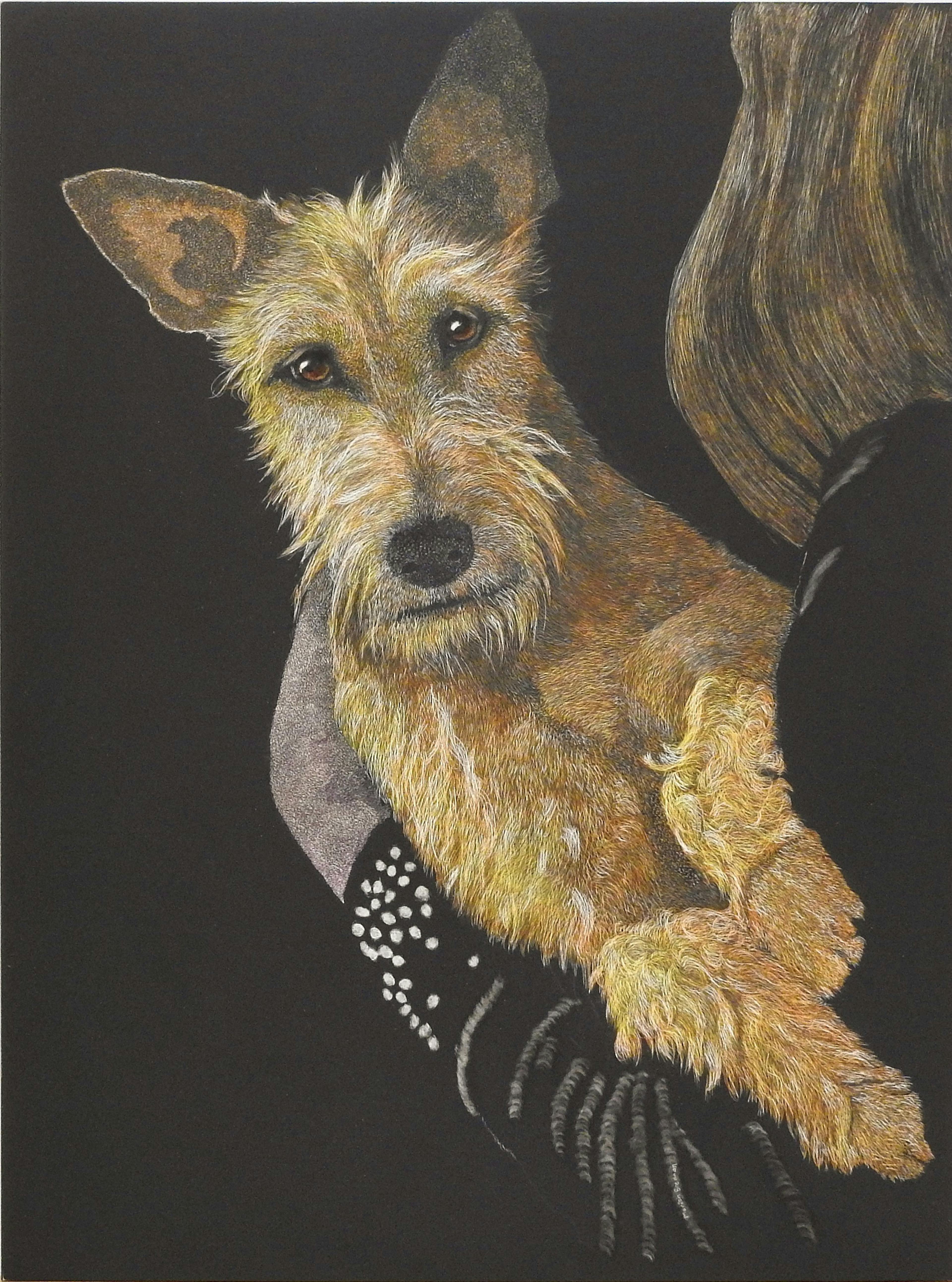 scratchboard on black c;lay board with coloured ink