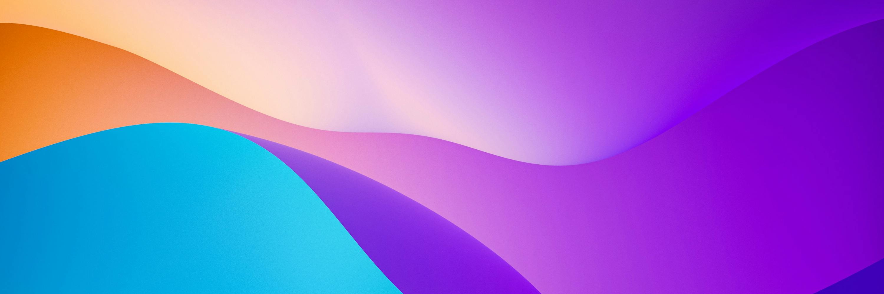 A vibrant abstract background featuring smooth, flowing curves in shades of orange, purple, and blue.