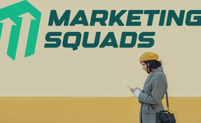 young woman using smartphone and wearing yellow beret and a gray coat below marketing squads logo