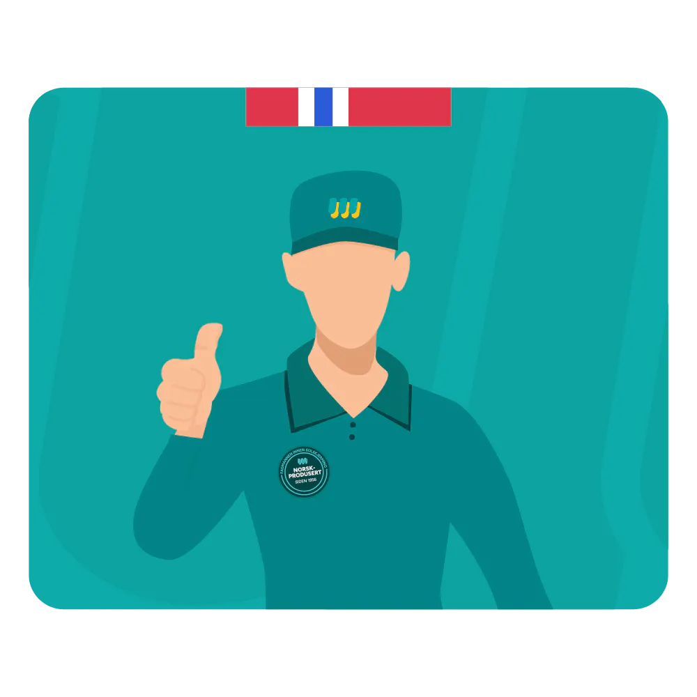 Uniformert bud i turkis caps og skjorte gir tommel opp, står foran en turkis bakgrunn med et lite norsk flagg øverst; ansikt uten detaljer, synlig badge på brystet.