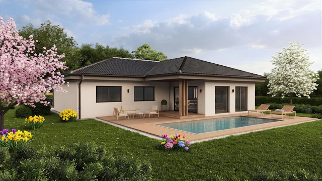 Pritlična, atrijska hiša Marles z dvokapno streho in bazenom