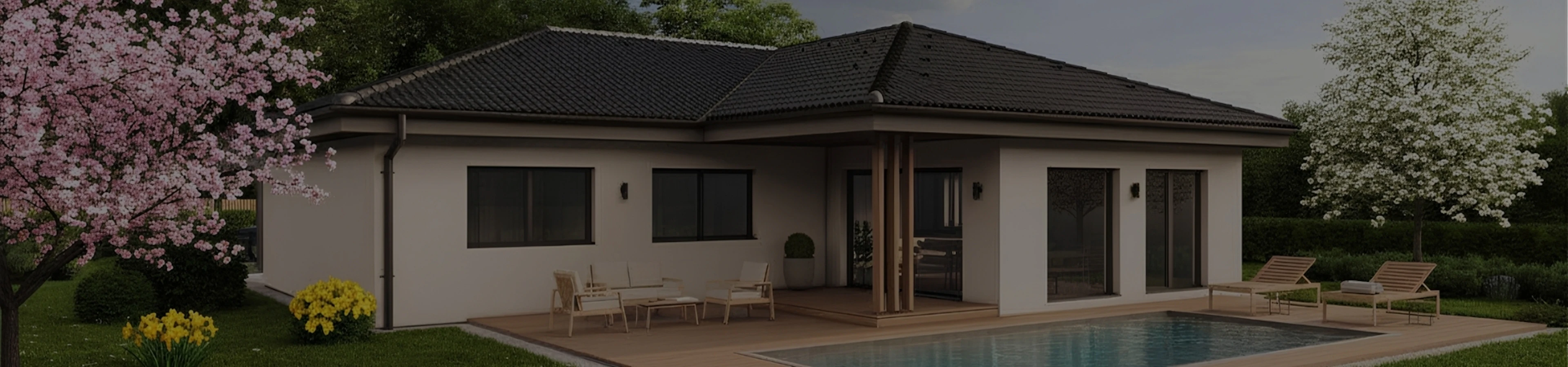 Pritlična, atrijska hiša Marles z dvokapno streho in bazenom