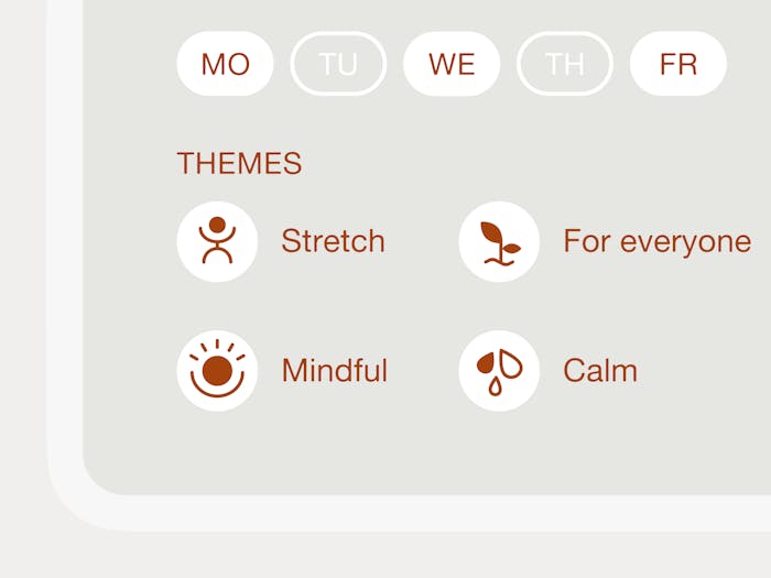 A crop of the Classes page showing a collection of components that display on which day a class is available and four icons with labels next to them communicating that this particular class is focussed on stretching, is for everyone, has some mindfulness themes and is calm.