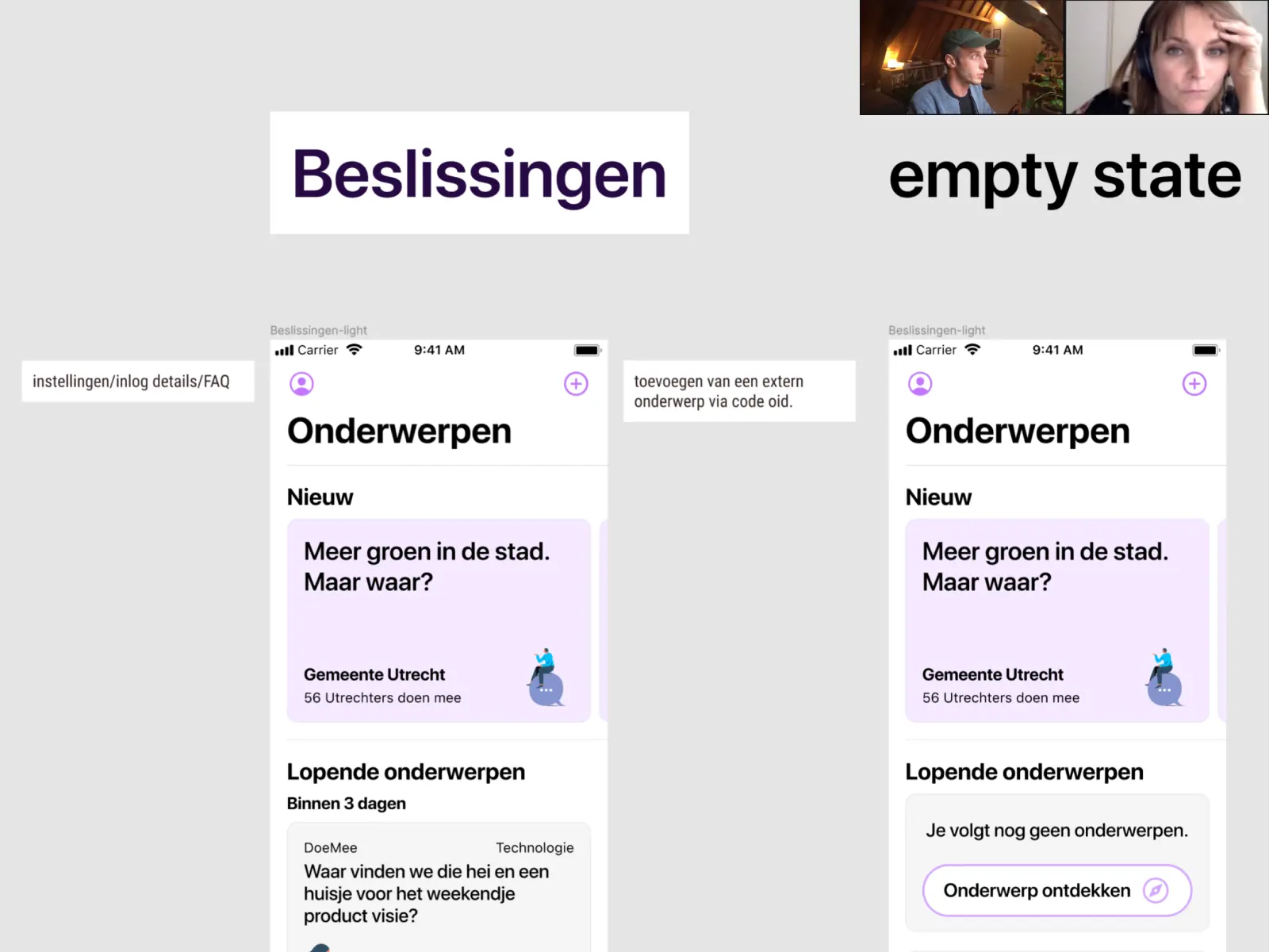 A couple sketches of mobile interfaces. Martijn and Nikki are visible in a small window from video conference software.