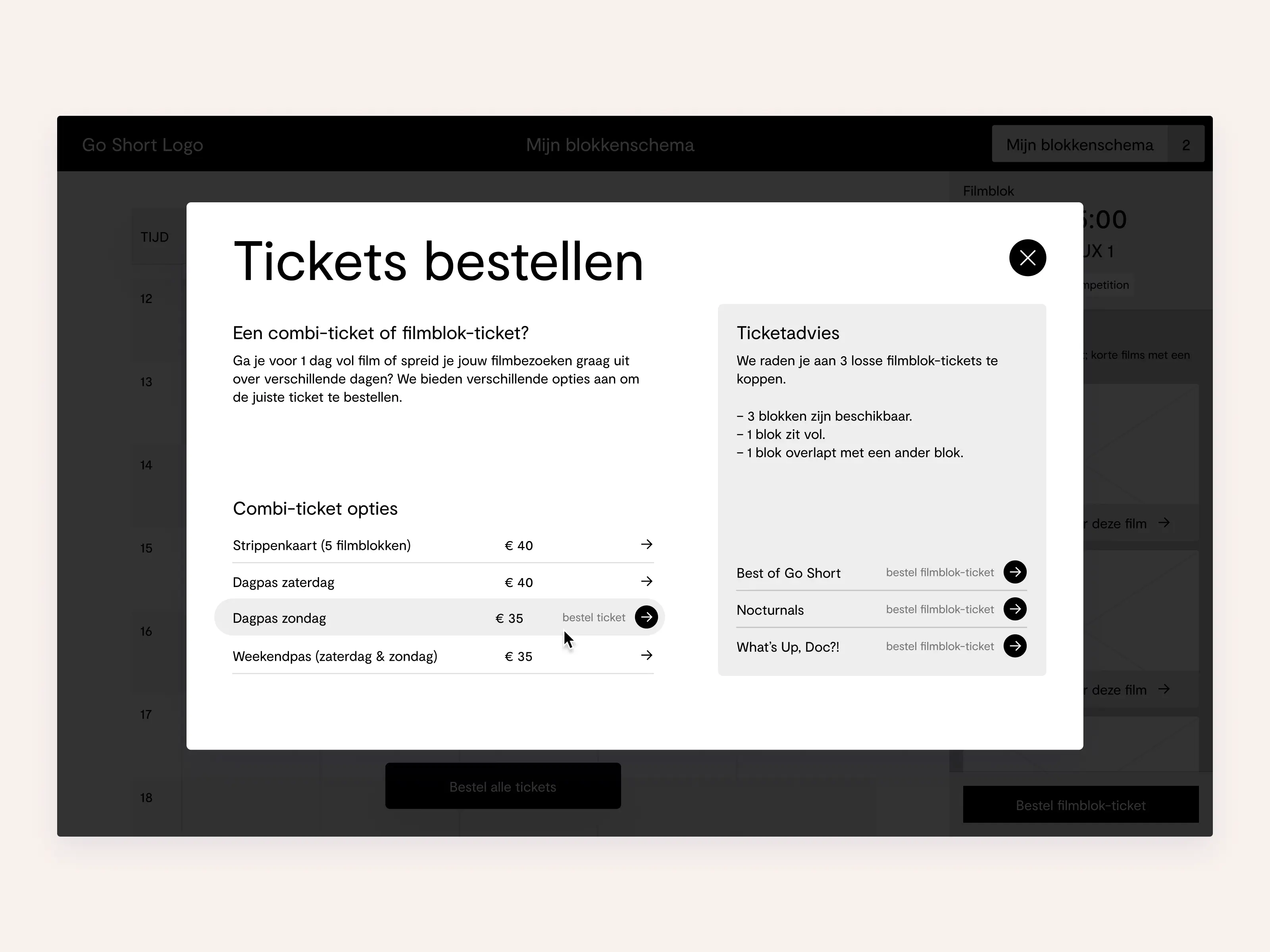 An overlay displaying multiple options to buy tickets for the festival.