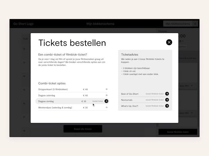 An overlay displaying multiple options to buy tickets for the festival.