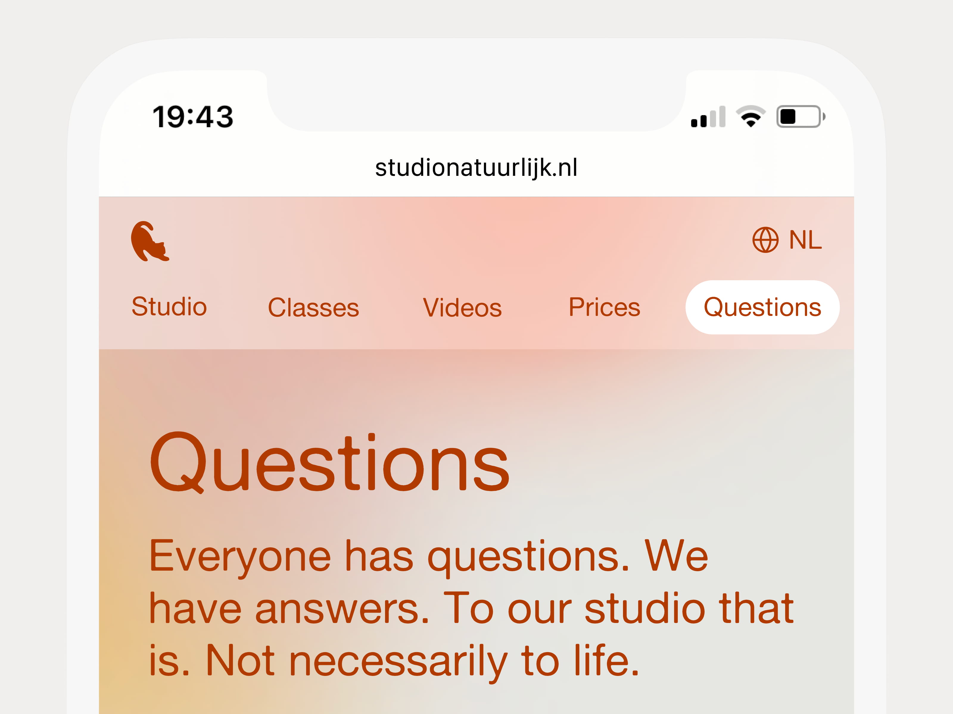 a crop of the top of a mobile screen showing the main navigation is fully visible: a visitor is able to click on any page right away.
