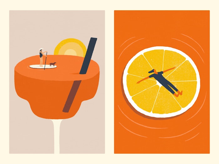 Two portrait oriented illustrations next to each other. The first image shows a person and a dog on a surf board paddling in a giant cocktail. The second image is a person laying on a giant slice of lemon in orange water.