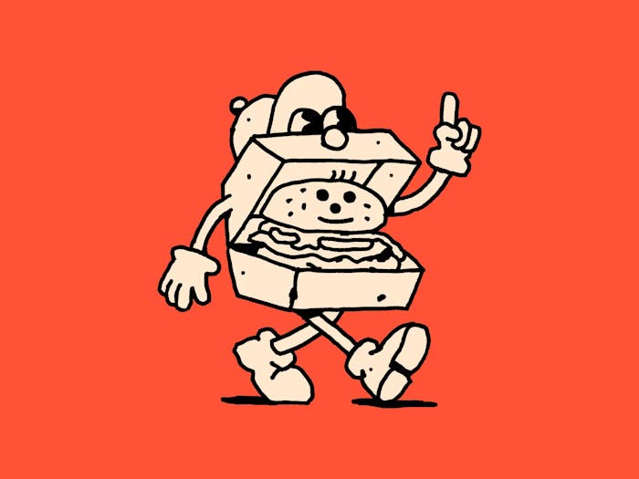 An illustration of a walking burger tray with eyes, arms and feet pointing one of its fingers up. In the tray, there's a burger with a face smiling.