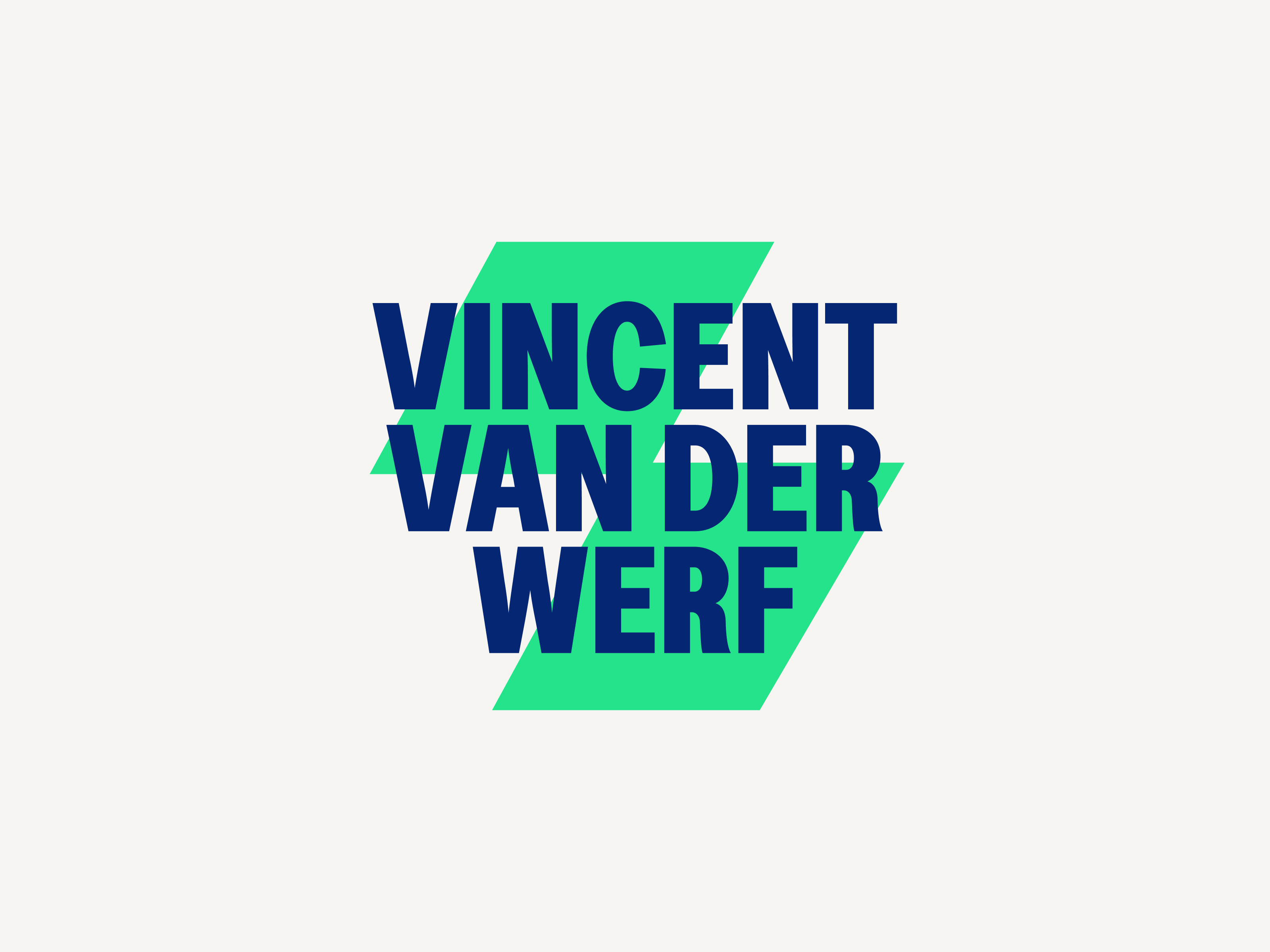 The logo of his company 'Vincent van der Werf'. The name is coloured in blue. Behind the name sits a green, broad lighting bolt.
