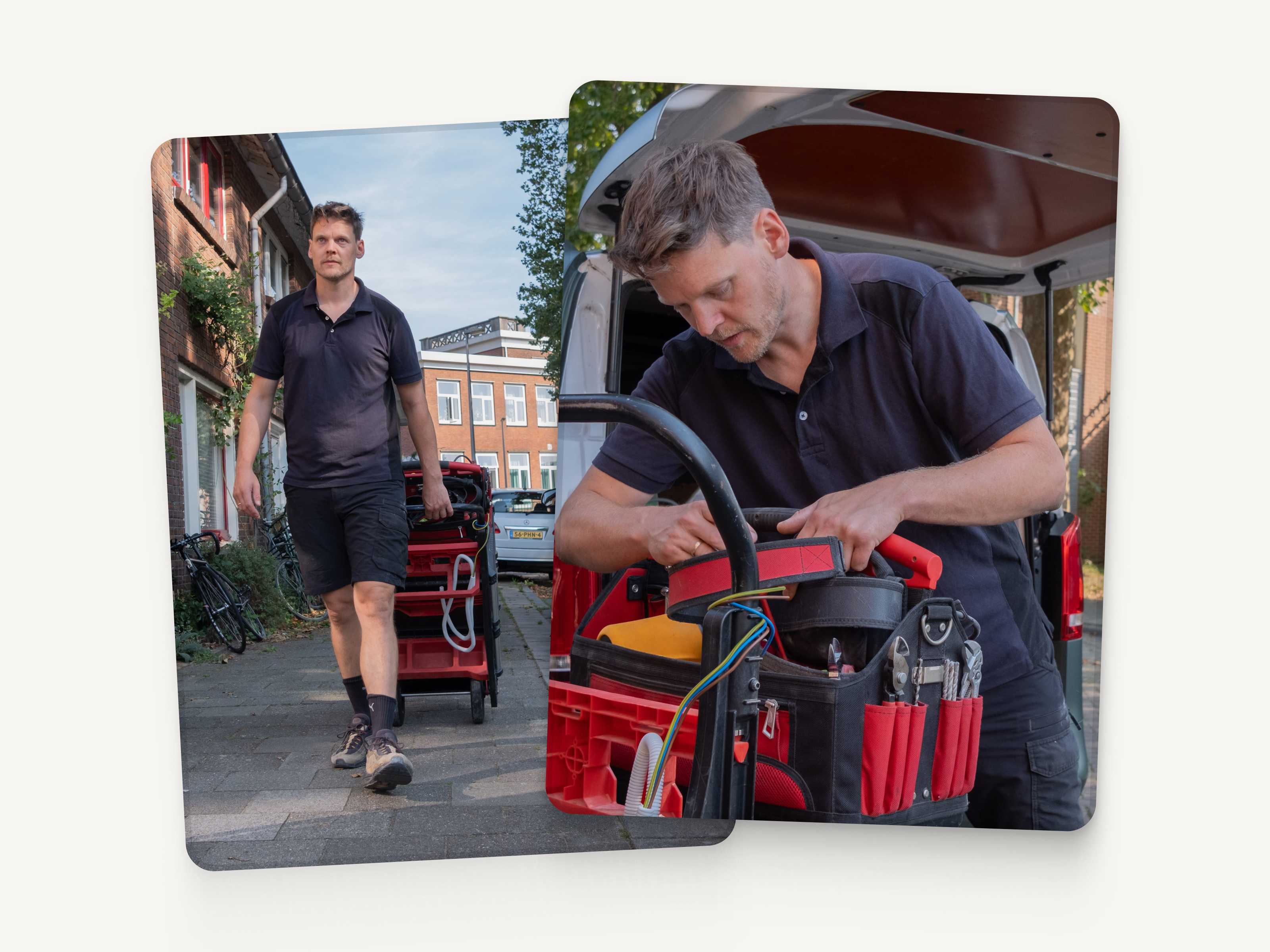 Two photos of Vincent are stacked slightly on top of each other. The left image shows Vincent walking towards the camera with his gear case, the right image shows Vincent sorting his gear case.