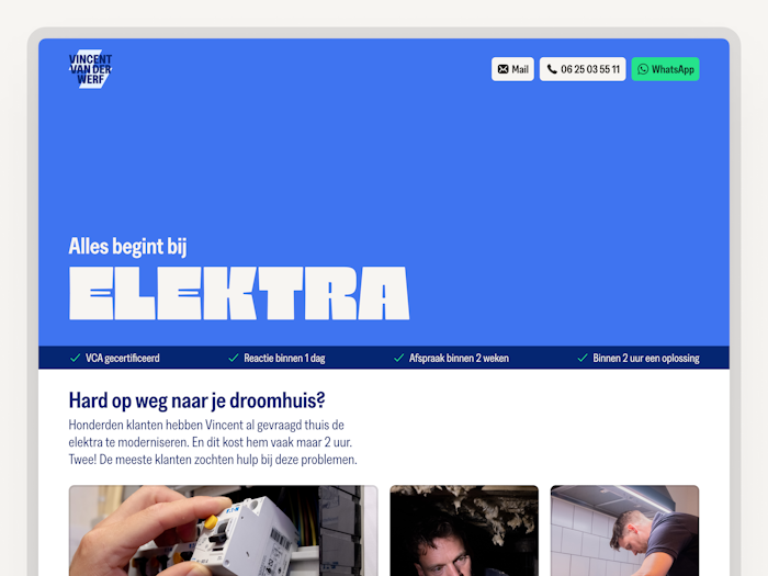 The header of the homepage. The text in the header says 'Everything starts with electricity'. The word 'electricity' enlarges through animation.