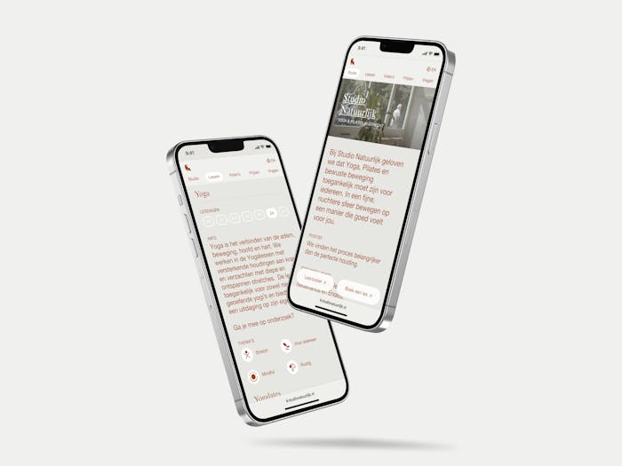 Two floating iPhone's containing a mobile view of the Classes page and the home page.