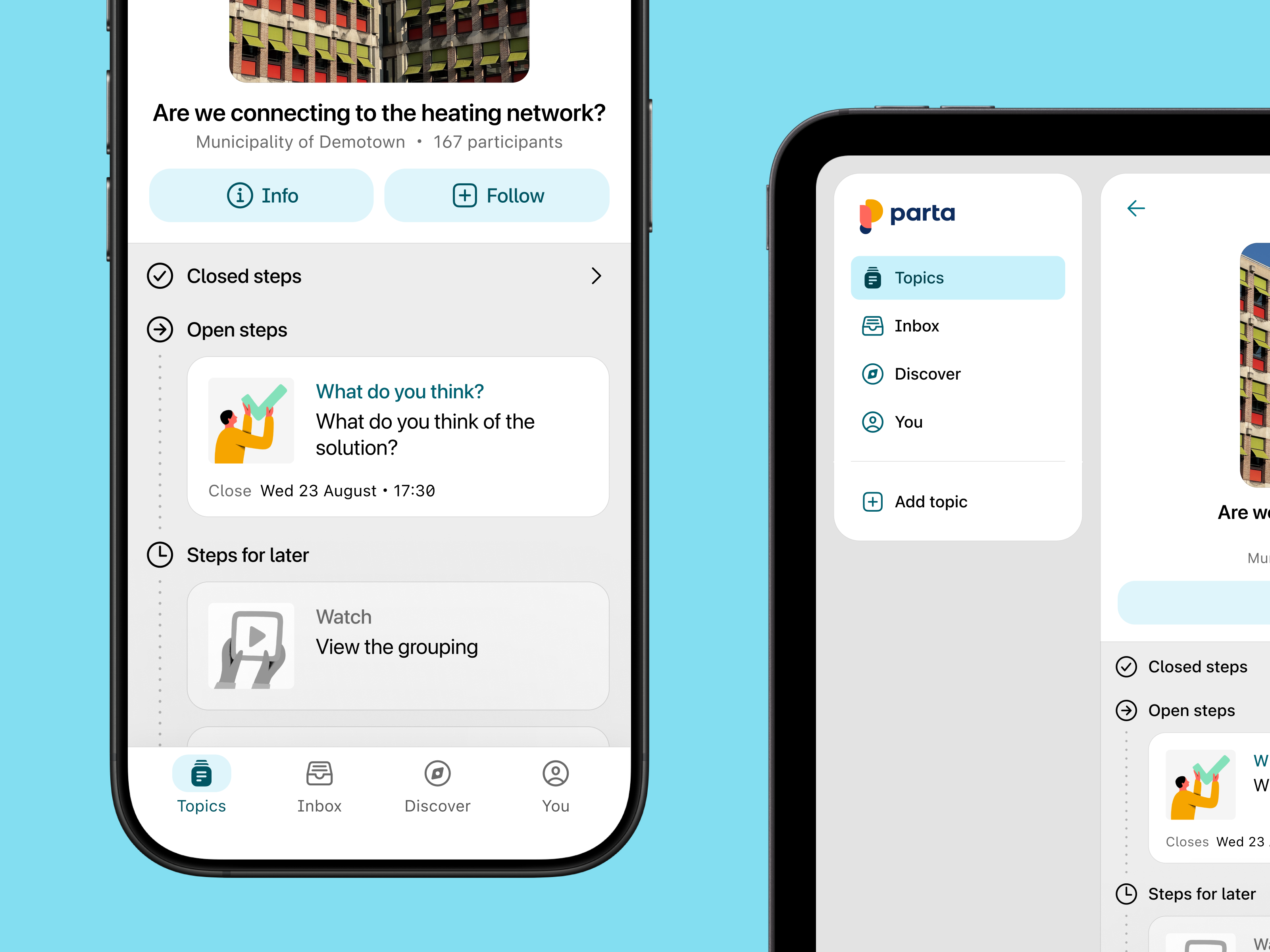 A phone and tablet displaying different parts of the Parta interface. The phone shows two cards in a timeline, the tablet mostly shows the main navigation component.