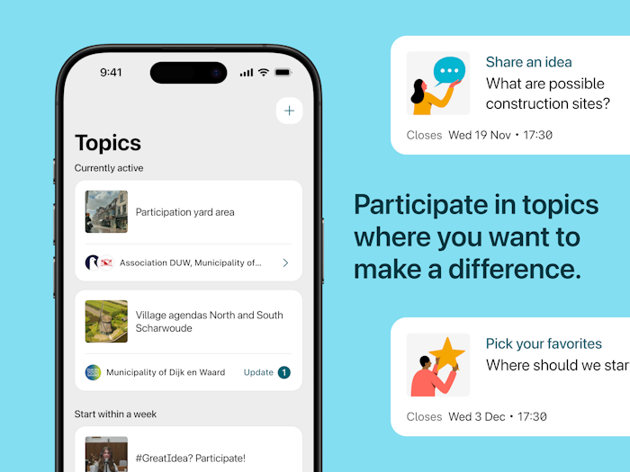 A phone showing the main page of Parta: Topics. It includes multiple topics the user is participating in. The thumbnail also displays the text 'Participate in topics where you want to make a difference.'