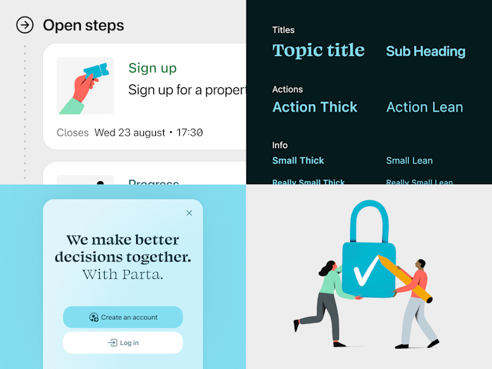 A multitude of components like cards, overlays, typography styles, icons and illustrations showing some diversity in the design system.