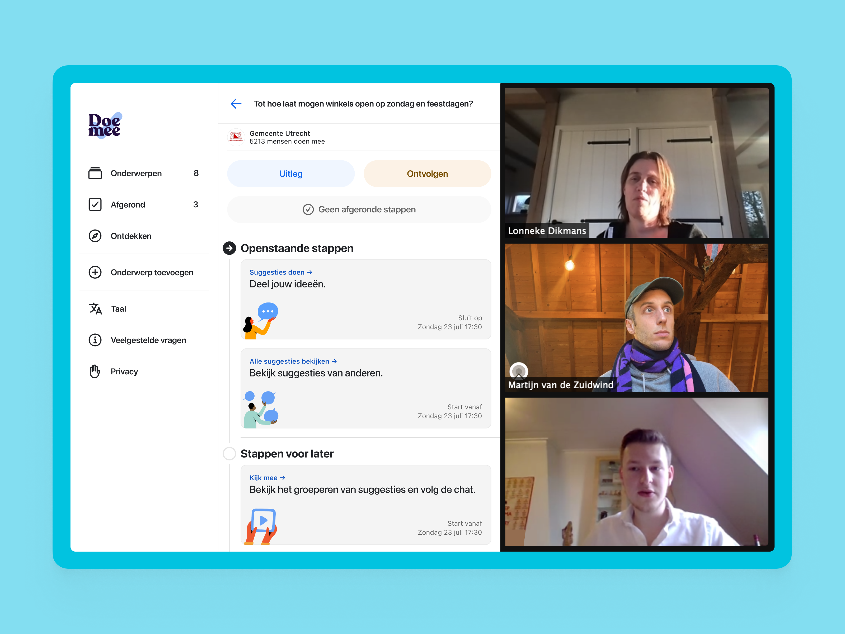 A screenshot of a usability test: three people are visible next to an interface.