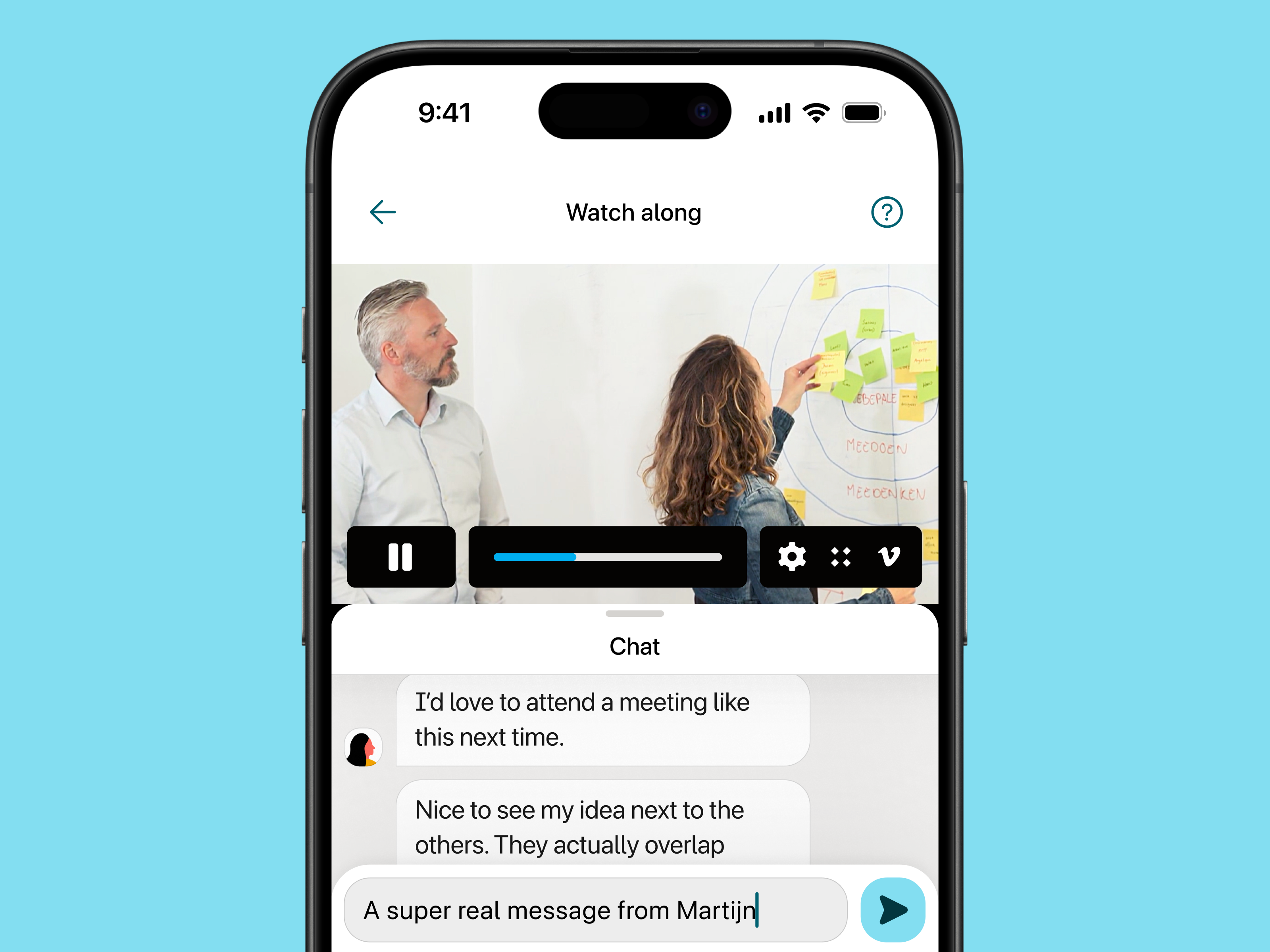 A video interface that also shows people chatting below. 