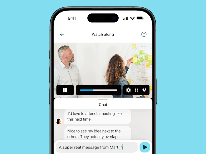 A video interface that also shows people chatting below.
