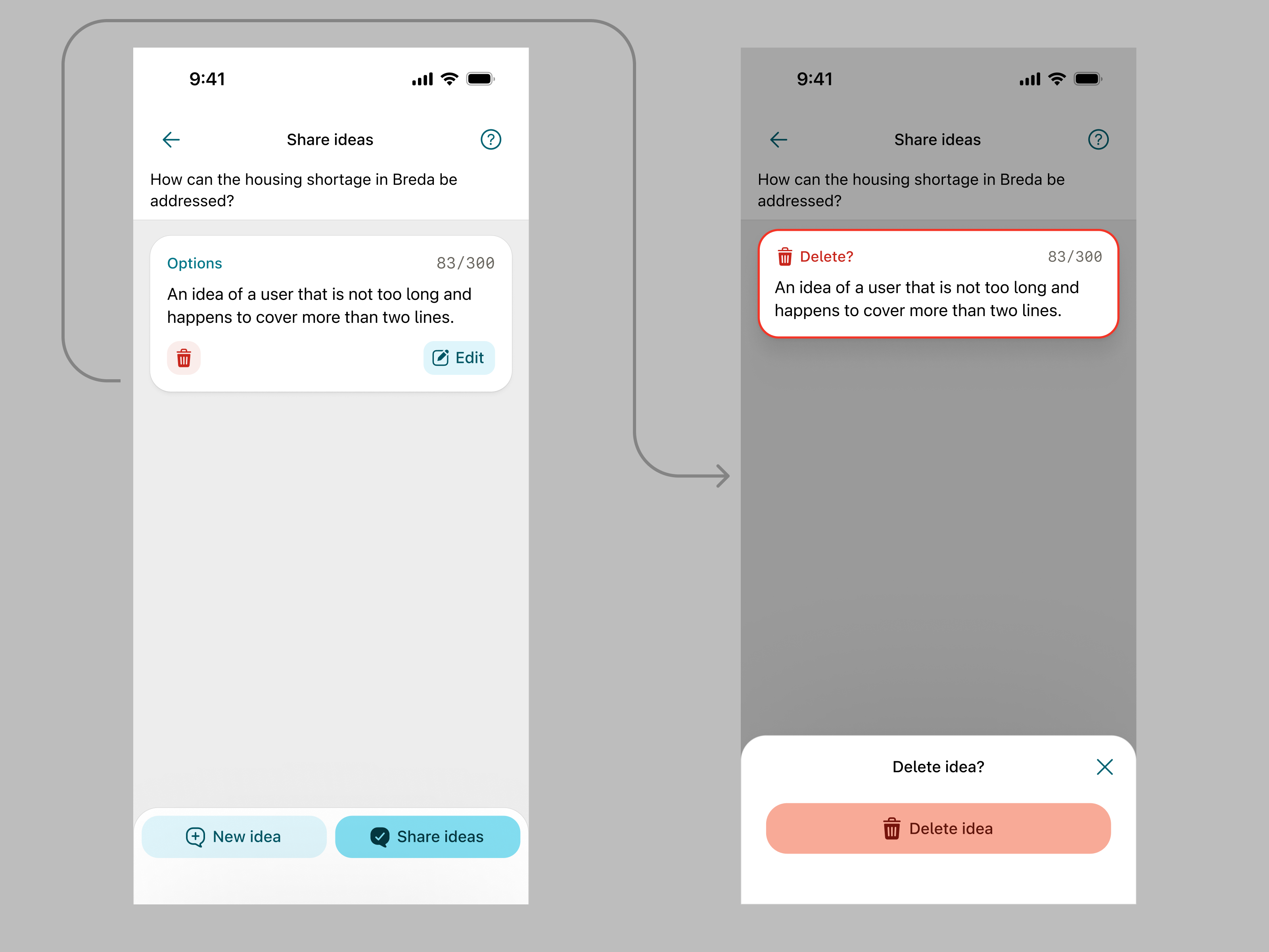 A two screen user flow showing that when pressing the trash icon in a card, a confirmation dialog pops up asking you to delete your written suggestion.