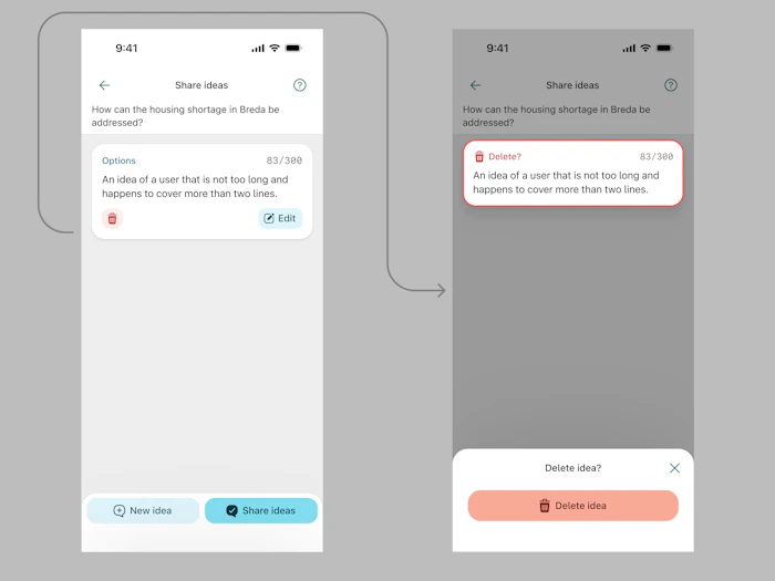 A two screen user flow showing that when pressing the trash icon in a card, a confirmation dialog pops up asking you to delete your written suggestion.