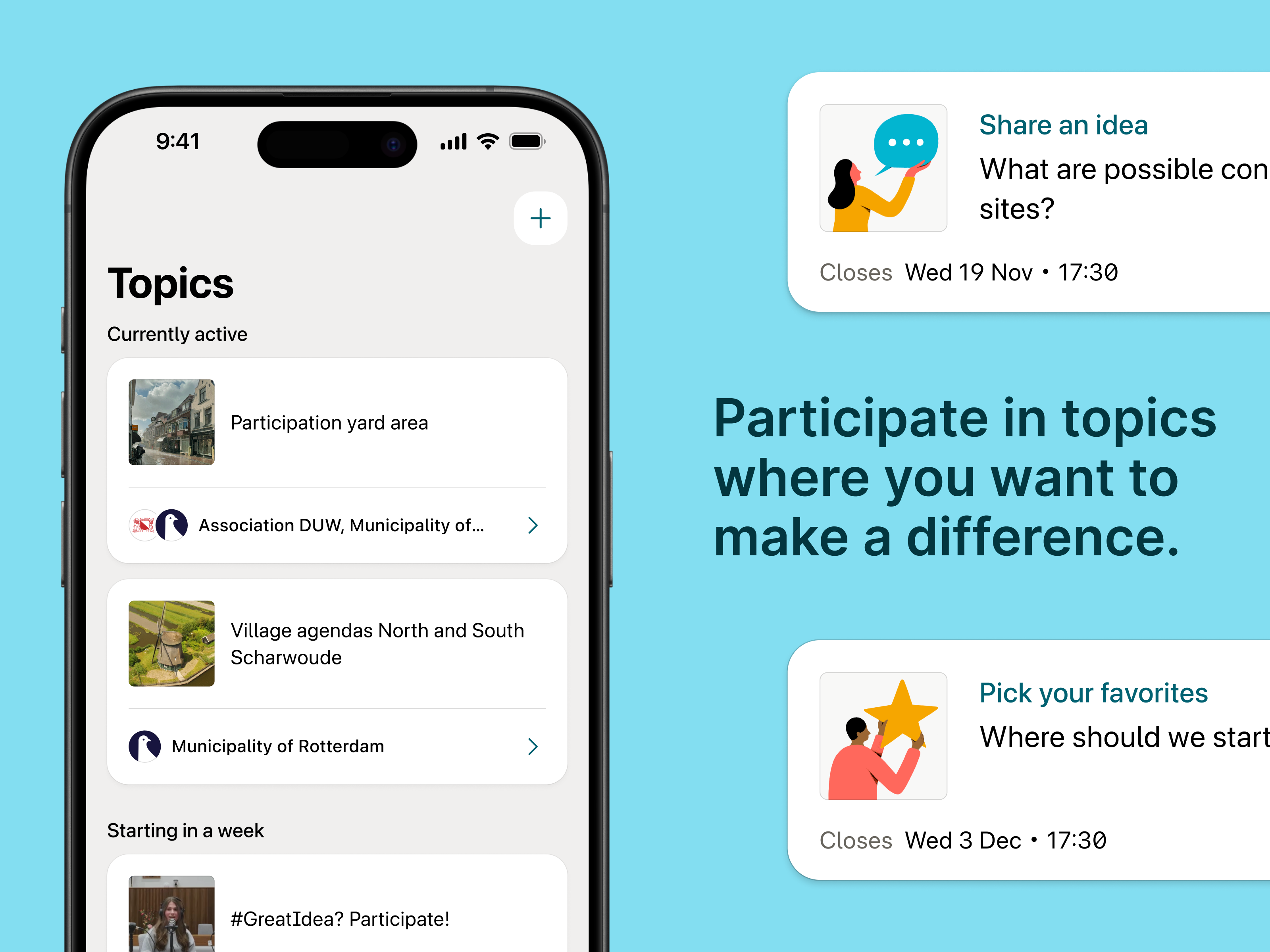 A phone showing the main page of Parta: Topics. It includes multiple topics the user is participating in. The thumbnail also displays the text 'Participate in topics where you want to make a difference.' 