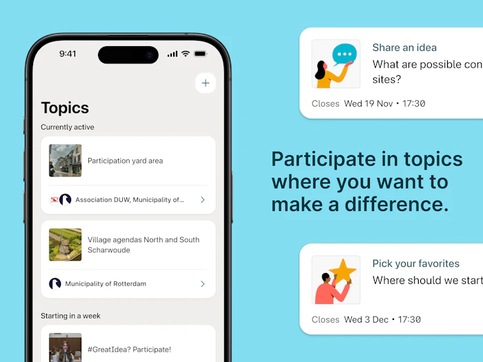 A phone showing the main page of Parta: Topics. It includes multiple topics the user is participating in. The thumbnail also displays the text 'Participate in topics where you want to make a difference.'