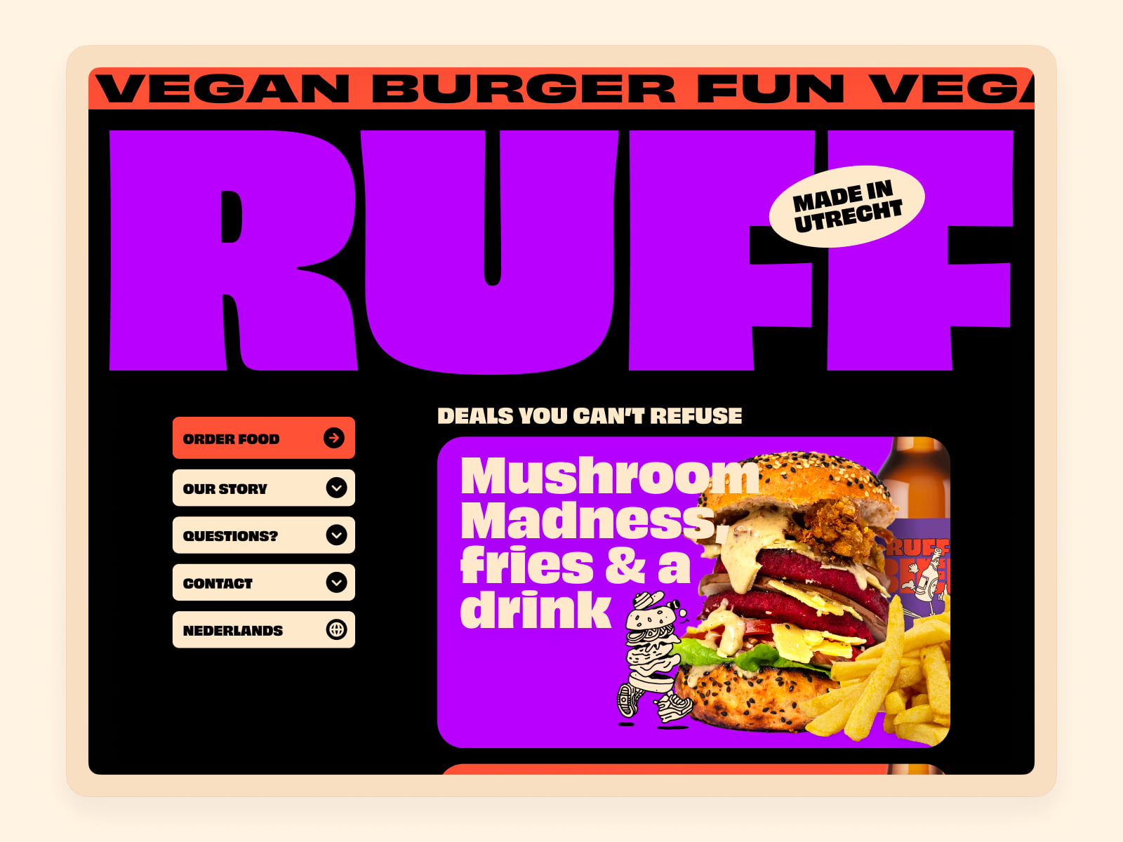 The homepage showing the logo, the navigation and a thumbnail showing a burger, some fries and a drink.
