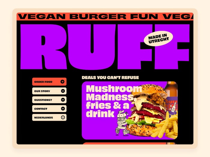The homepage showing the logo, the navigation and a thumbnail showing a burger, some fries and a drink.