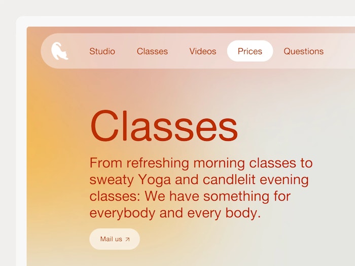 A crop of the website showing a page transition between 'Classes' and 'Prices'. The animation shows a multi-coloured gradient moving to a different position.