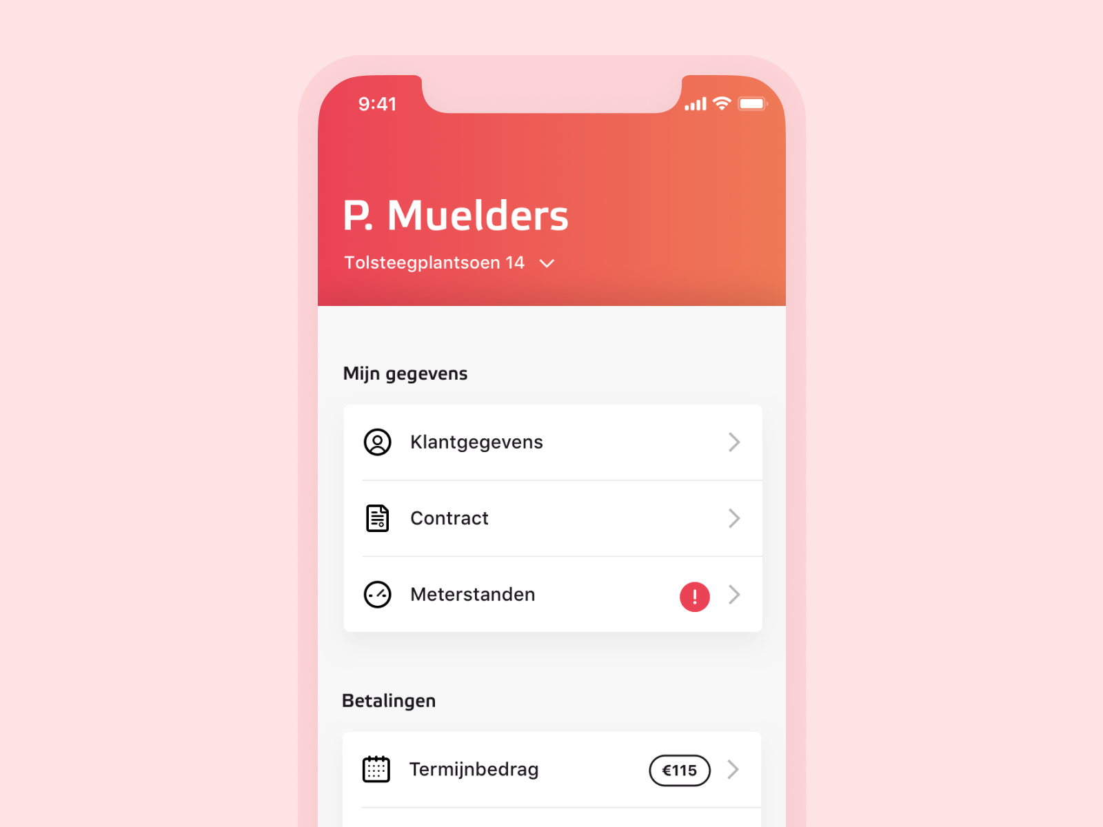 A general menu in the Eneco app