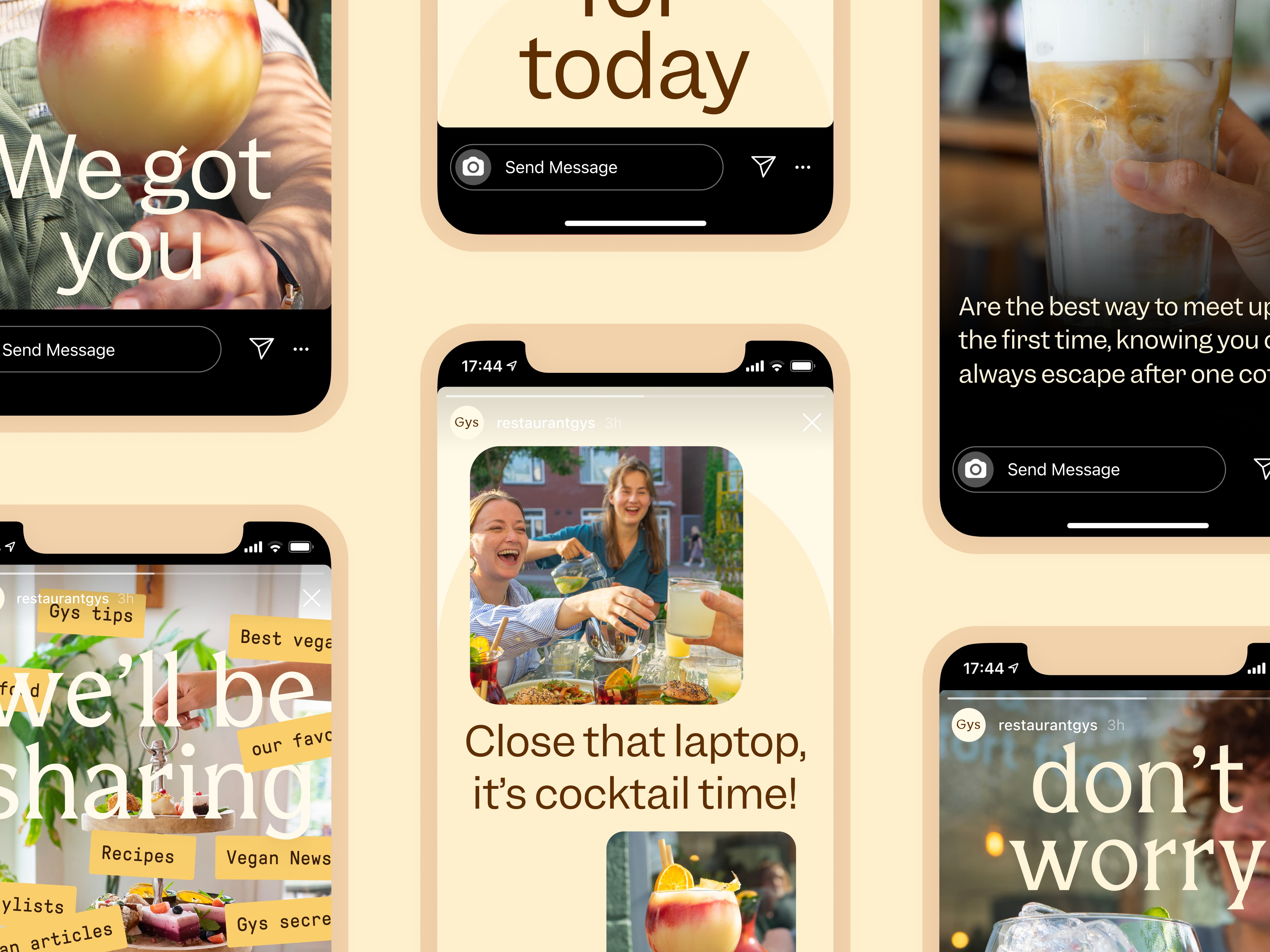 Six cut off Instagram Stories showing a diverse set of imagery and text promoting experiences at the restaurant.