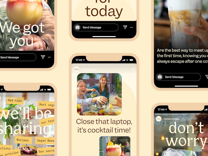 Six cut off Instagram Stories showing a diverse set of imagery and text promoting experiences at the restaurant.