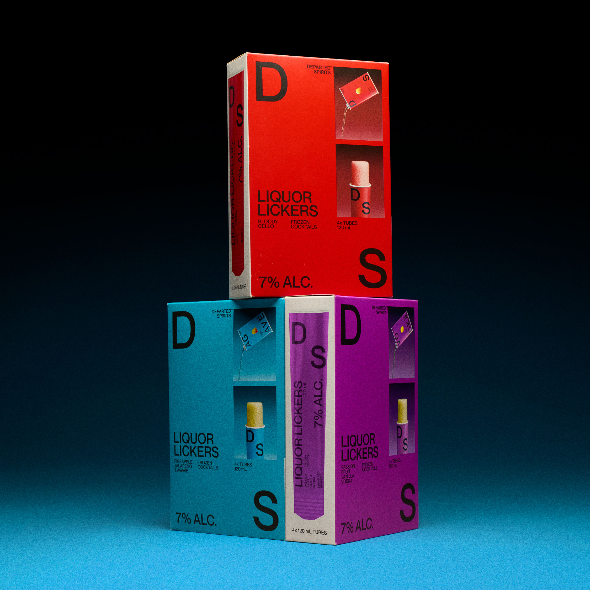 Brand identity and packaging design for frozen cocktails, Departed Spirits Liquor Licker by Marx Design.