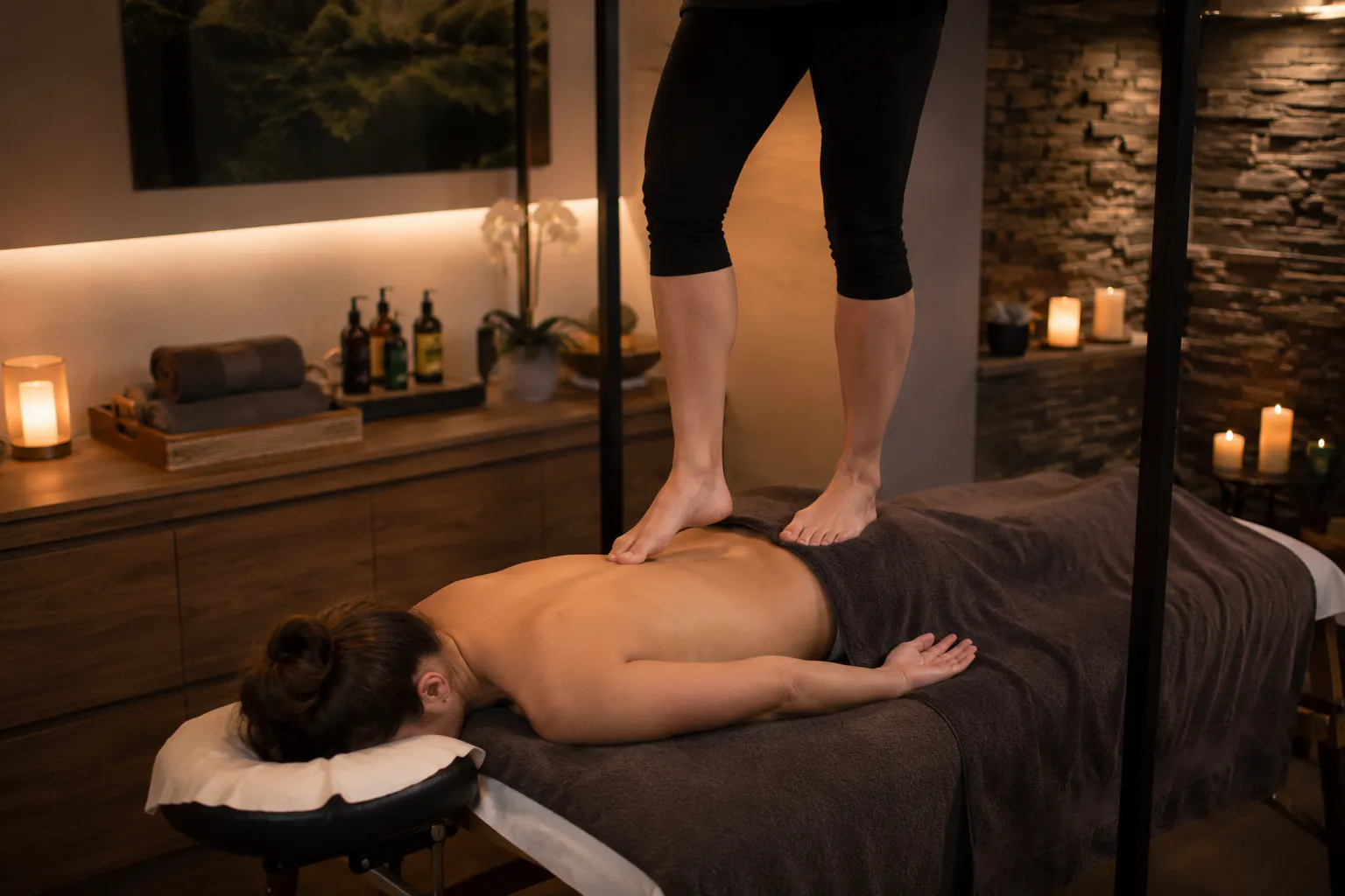 A Depiction of Ashiatsu massage being performed in a professional spa setting