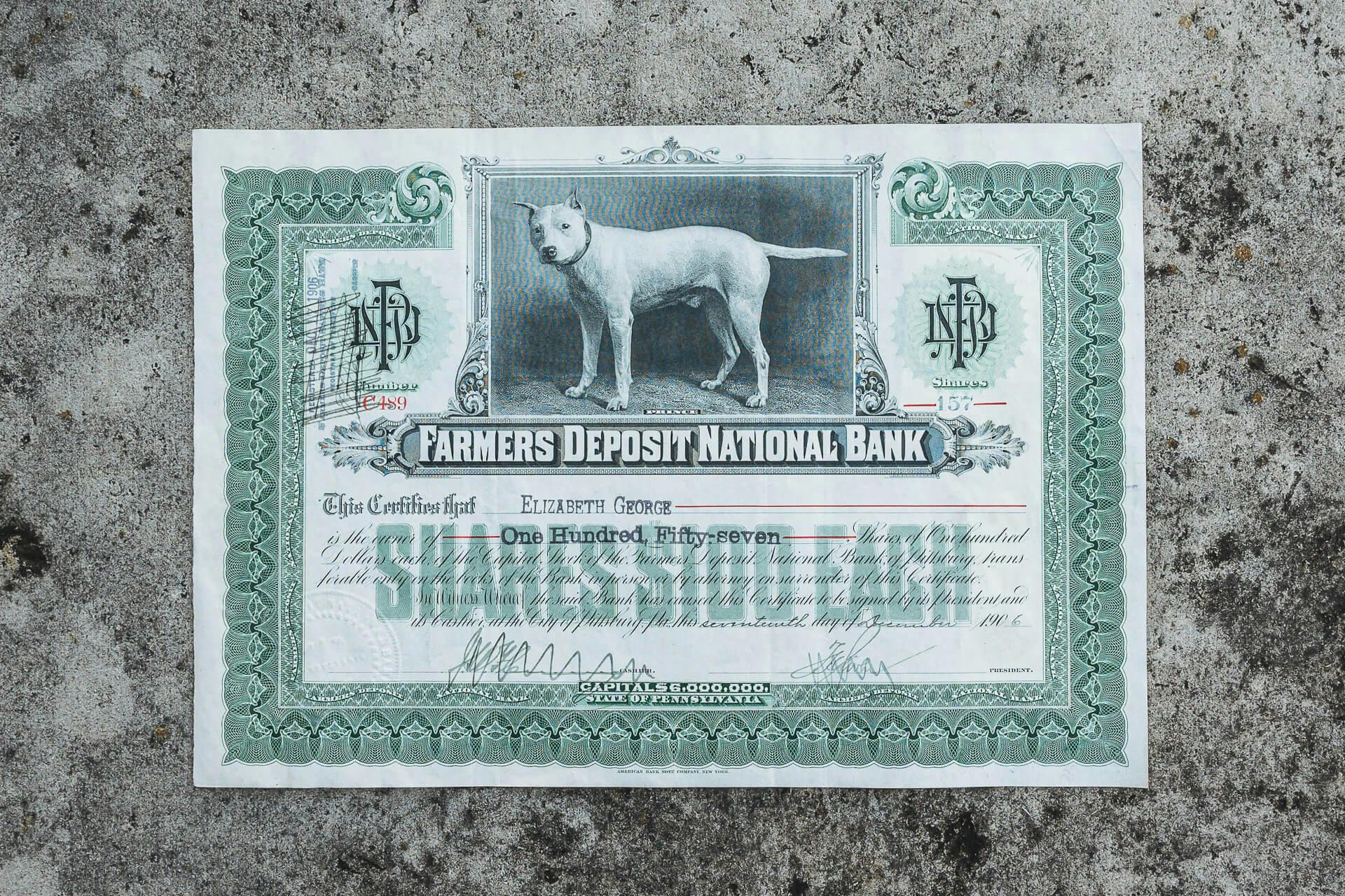 Stock Certificate from Farmer's Deposit National Bank