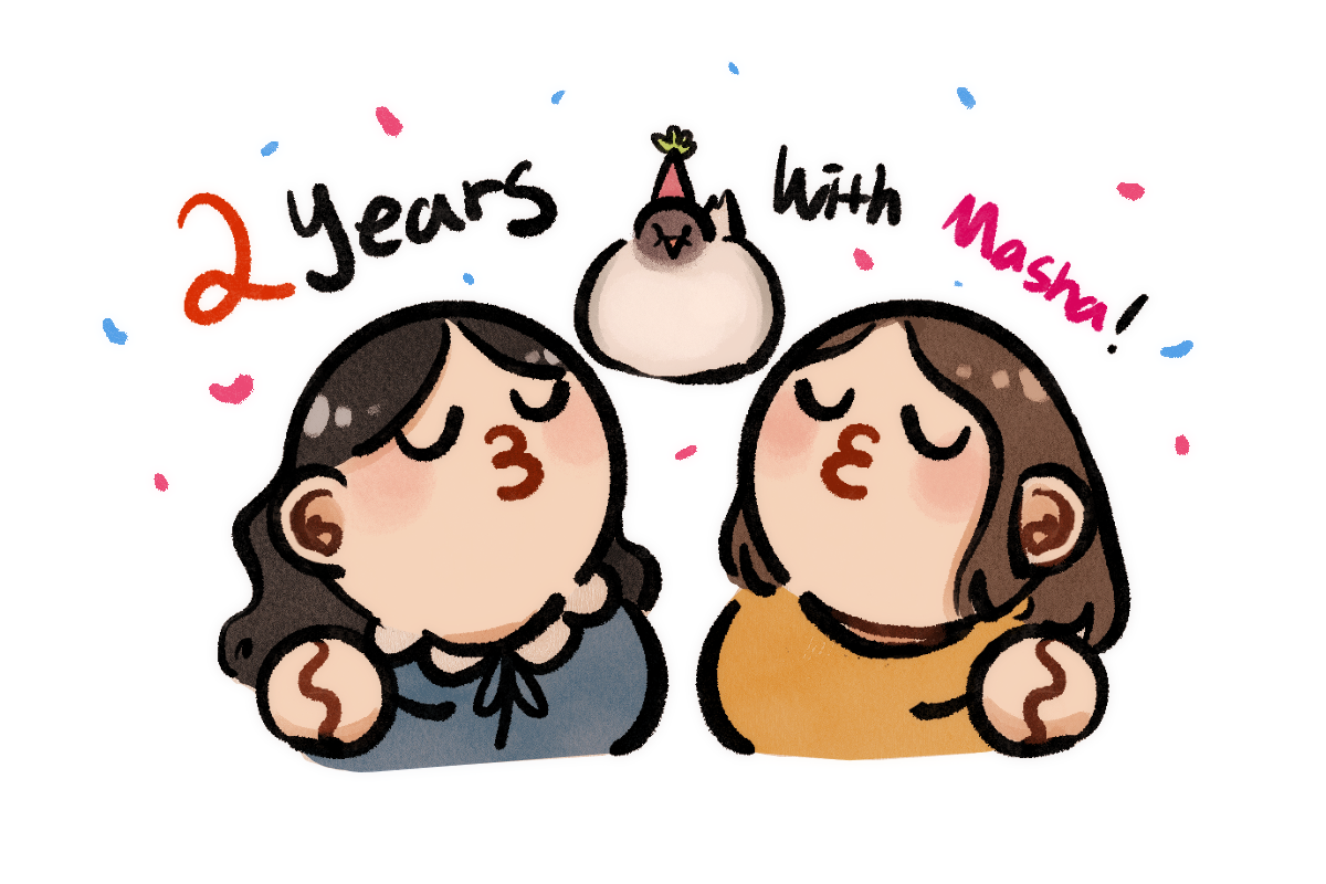 Celebratory art of Heeji and Miko kissing Masha