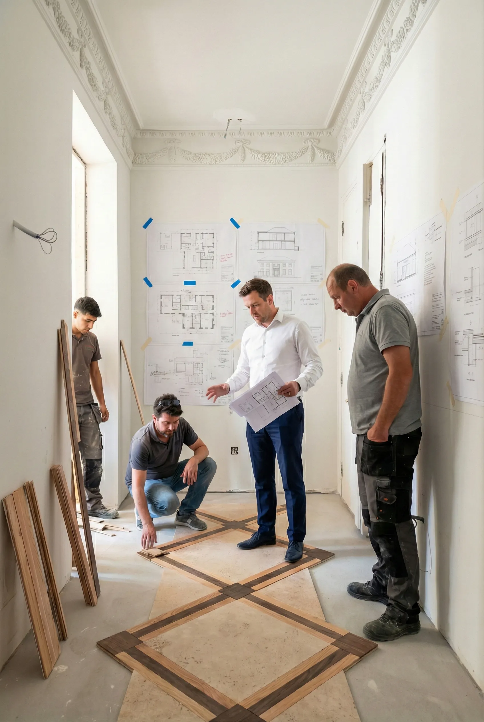 Réunion de chantier : plans affichés au mur, choix des matériaux.