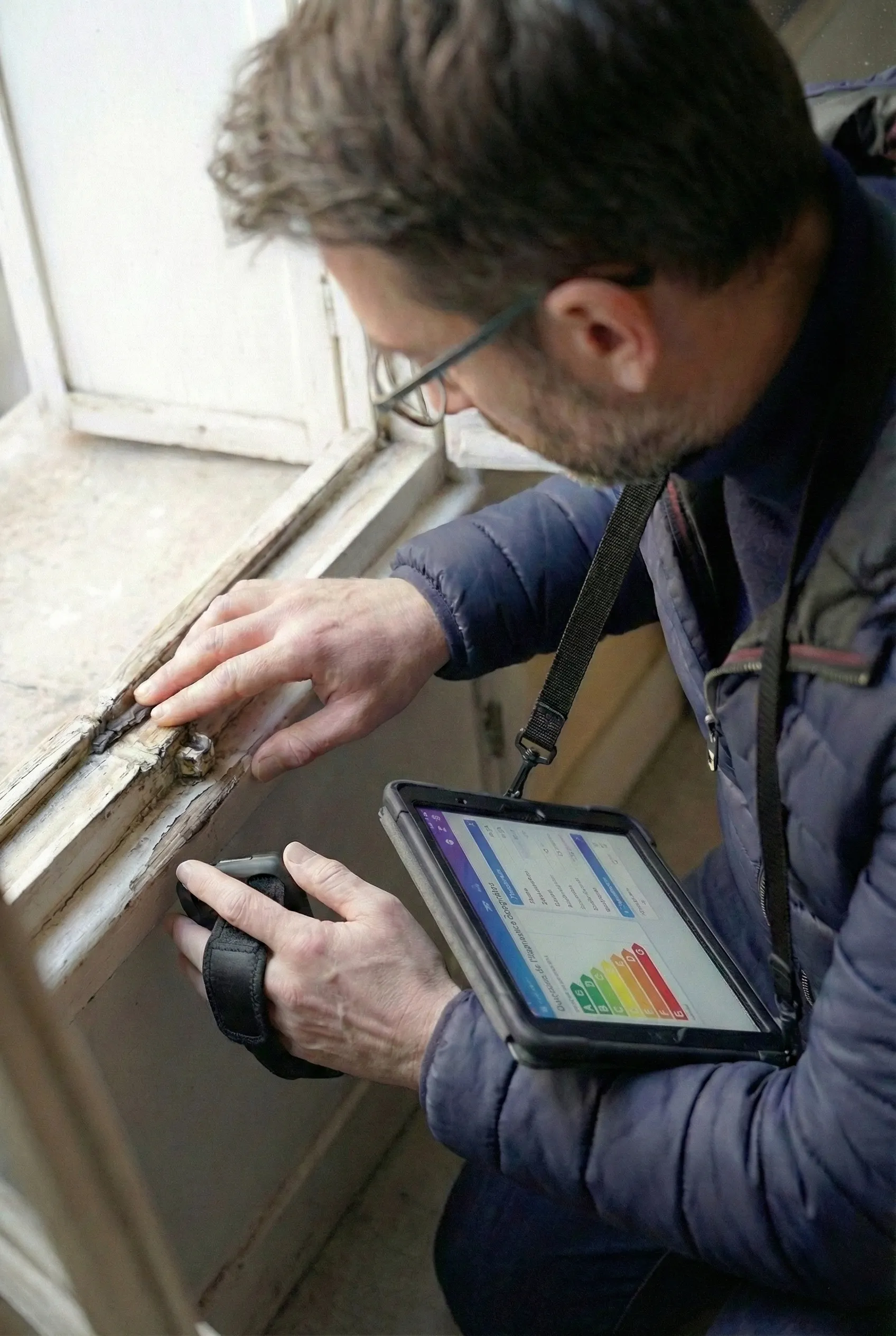 Diagnostic immobilier : contrôle d'une fenêtre, étiquette énergie affichée sur tablette.