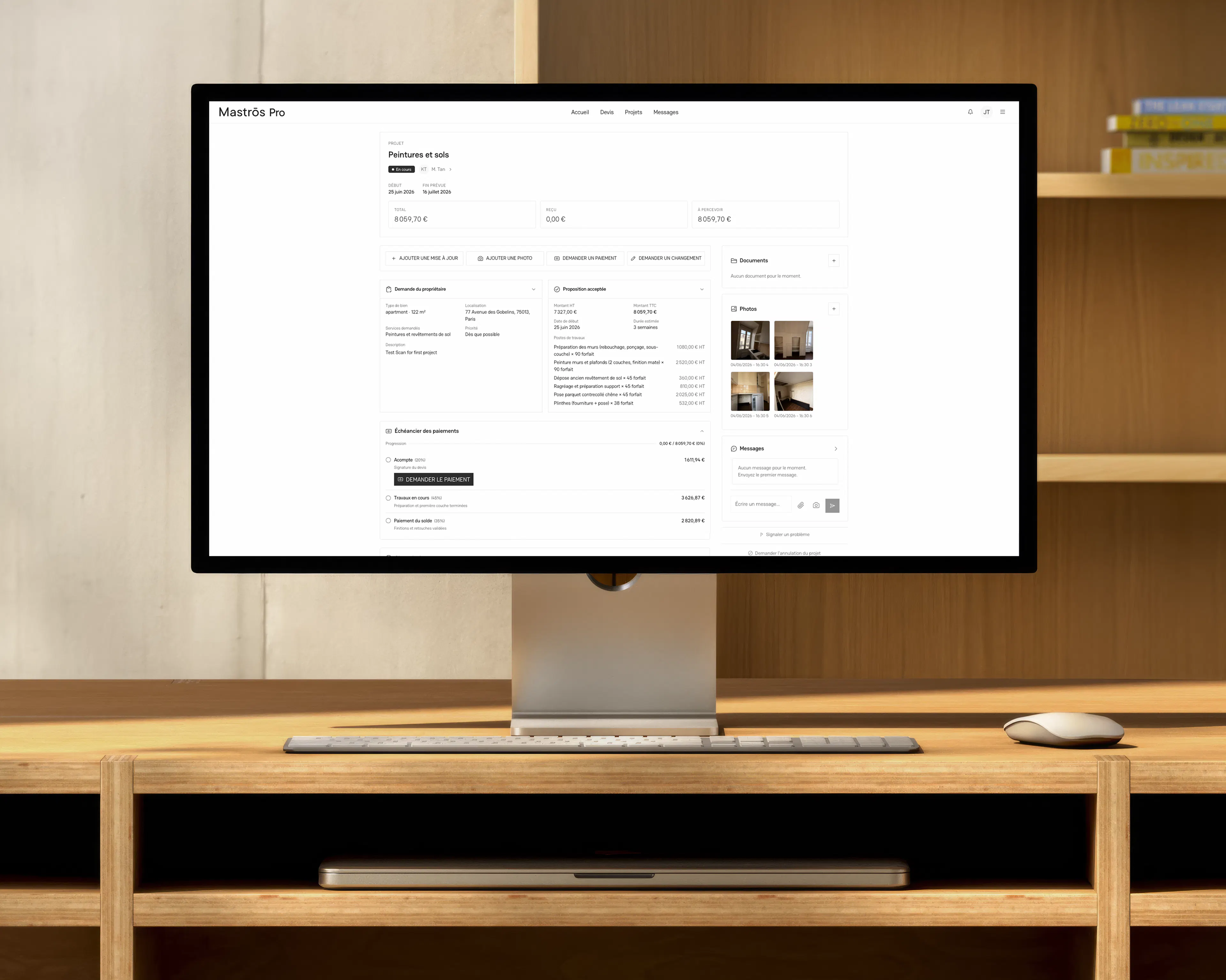 Mastros Pro dashboard: painting project with quote, site photos and staged payment schedule.