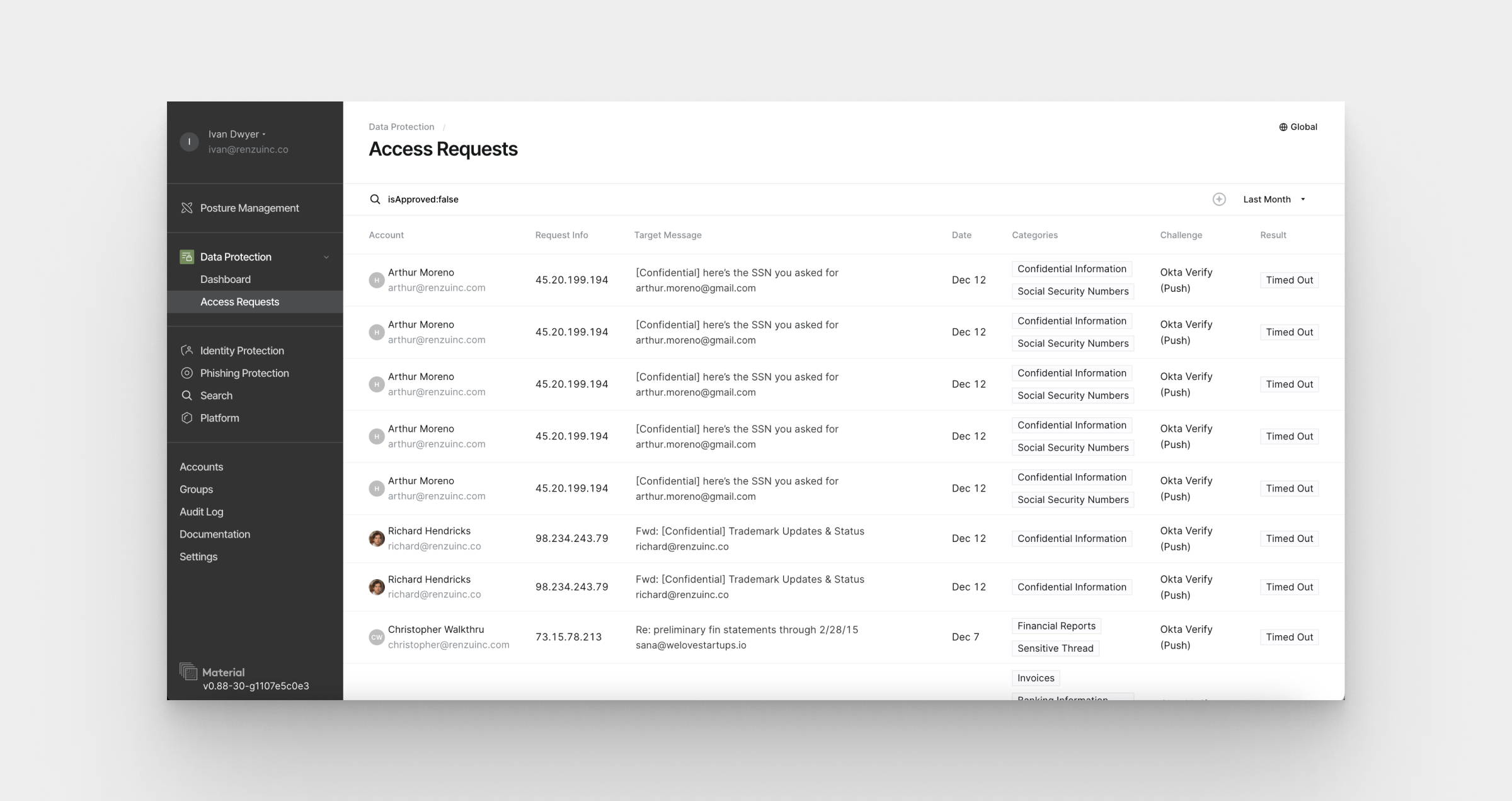 Access Requests in the Material Dashboard
