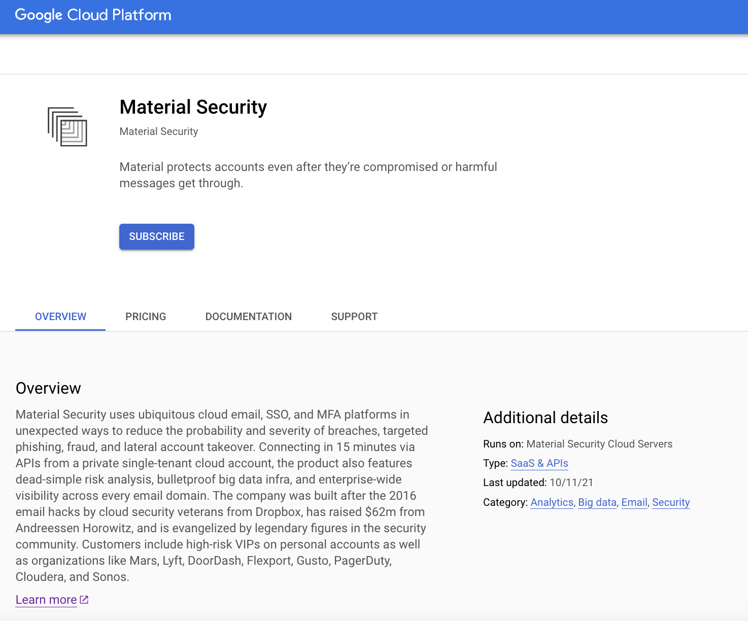 Google Cloud Marketplace listing - Material Security