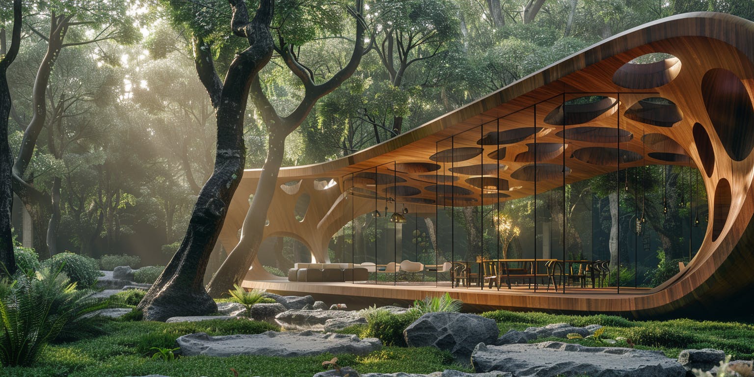 Through transparent walls, the lush greenery of the forest becomes an integral part of the pavilion's design, emphasizing the beauty of the natural world.