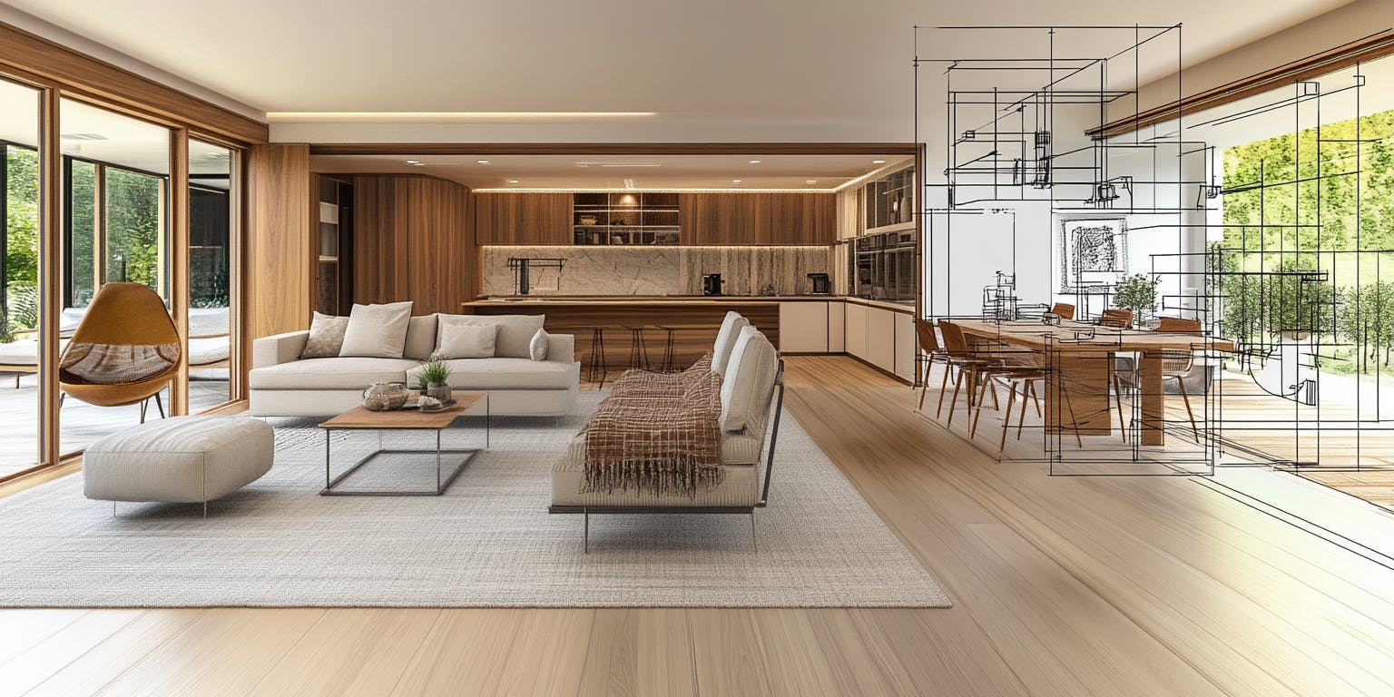 Contemporary interior blends with technical design: Bright living space featuring wood elements and expansive windows. Foreground overlay shows intricate 3D wireframe of furnishings on architectural plans.