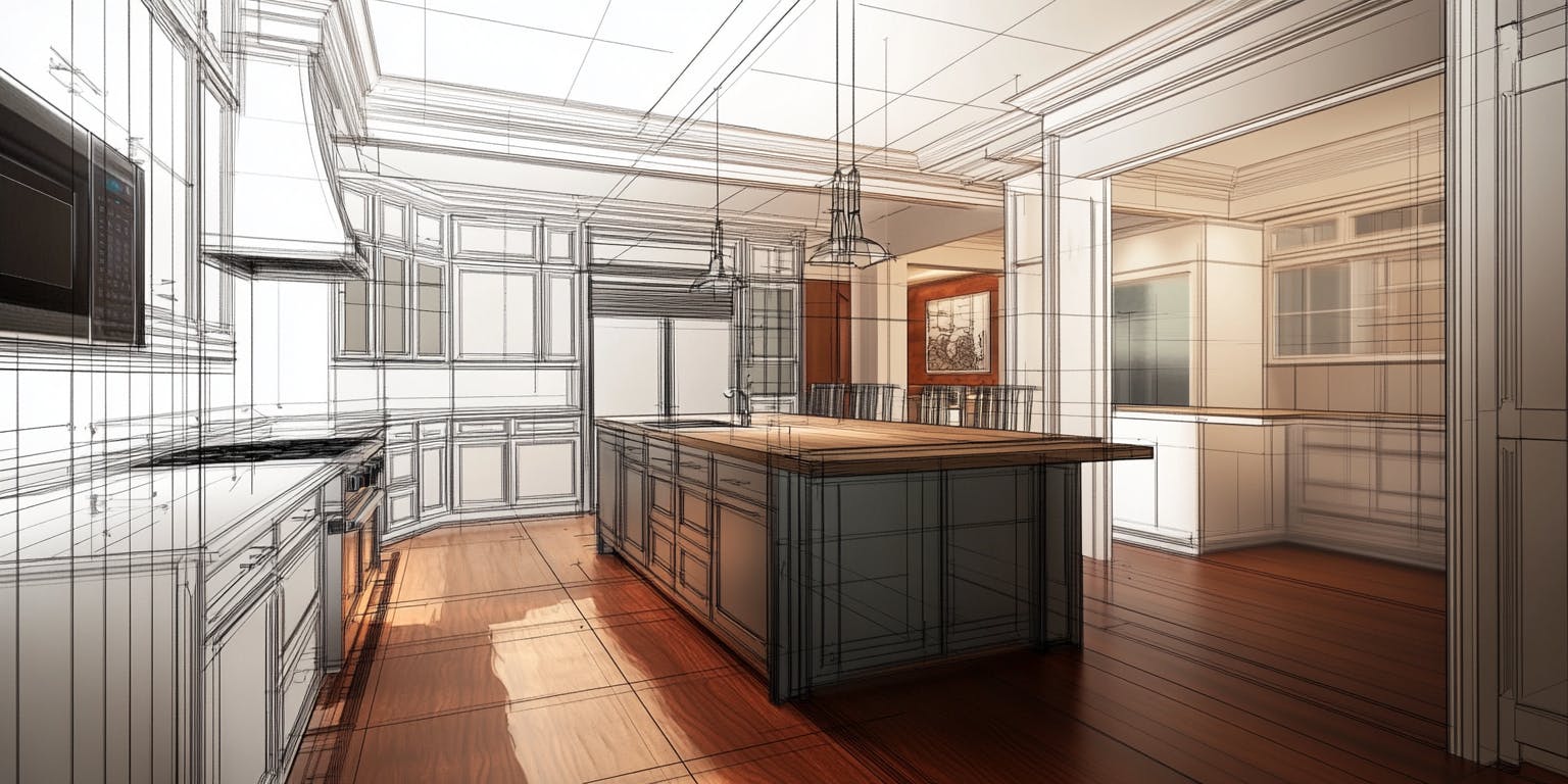 Detailed architectural blueprint of luxury kitchen: island, wood floors, glass cabinets, perspective lines, high-resolution design sketch.