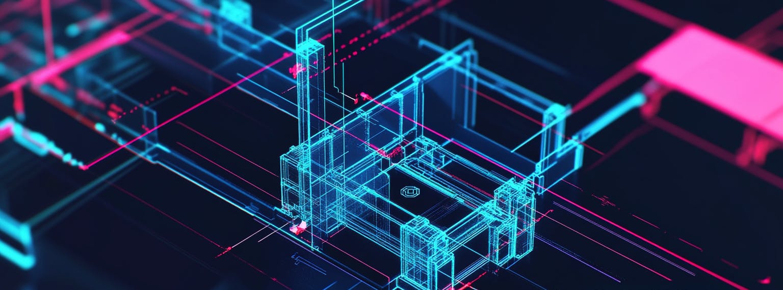 Futuristic architectural blueprint: C4D-rendered building with neon blue-pink lines, cyberpunk style. 'AIpointe Render Reaper' text, 3D holographic display.