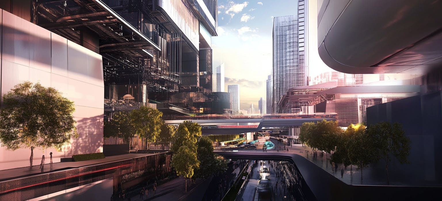 Futuristic California cityscape: 'Rise Reloading' sustainable skyscrapers, high-tech vehicles, and elevated walkways. Sunlit urban utopia visualization.