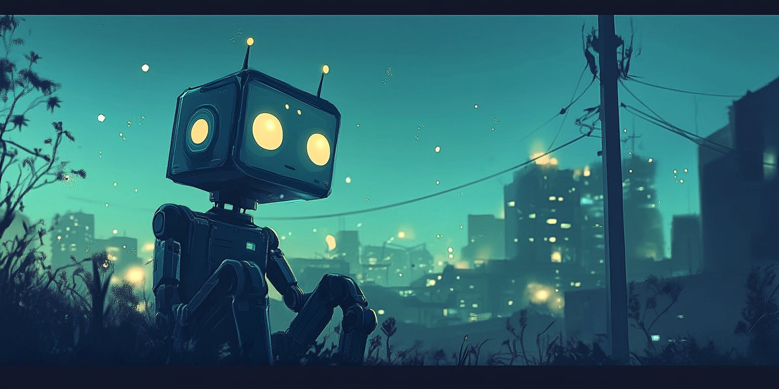 A cute robot sitting in the middle of an empty field, city lights behind it, in a cartoon style, vector art, with dark teal and light cyan colors.