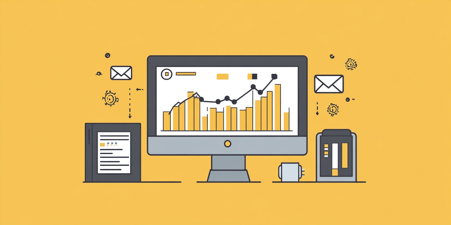 Flat vector illustration of an office computer showing graphs and charts, with business growth icons like a rising bar graph and open envelopes, against a yellow background.